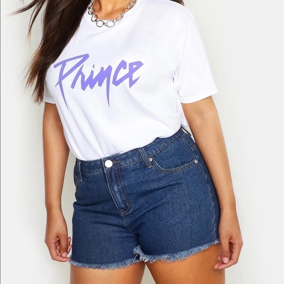 Boohoo High Rise Denim Shorts, Size 18, Raw Hems, Plus Size, 15” Rise, Shortie - Picture 1 of 8